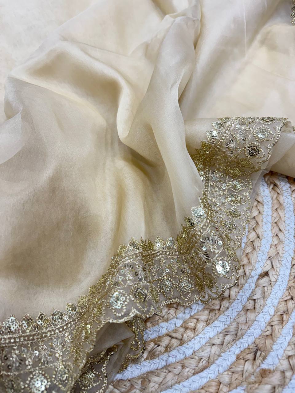 Luxurious Ivory Organza Dupatta with Heavy Golden Sequin & Zari Cutwork Border β Perfect for Weddings & Festive Layering