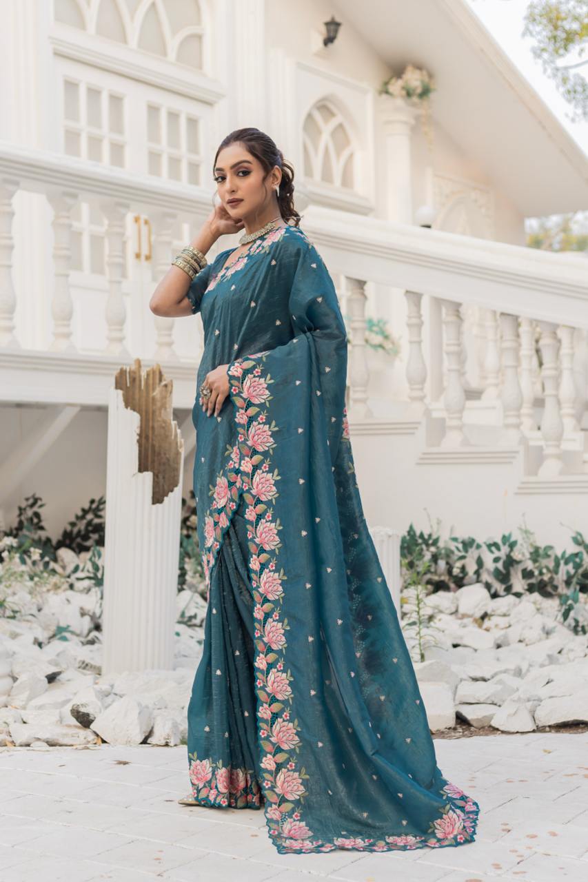 Women's Pristine White Organza Saree with Exquisite Pink & Green Floral Thread Embroidery β Complete with Matching Embroidered Blouse for Festive & Summer Wear - Image 20